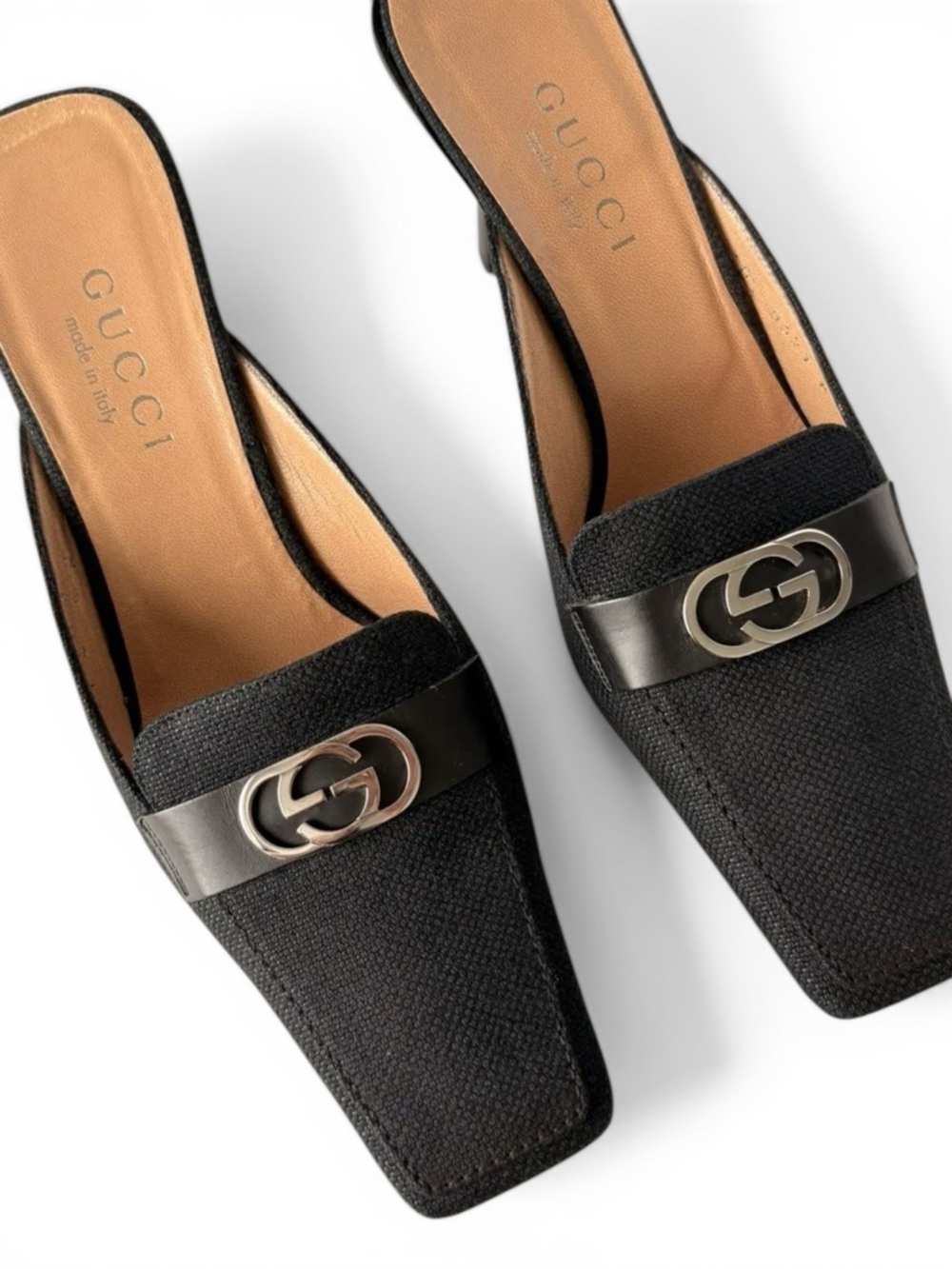 Auth Gucci Black square toe Loafer Mule kitten heel 7.5 vintage retro 90s y2k - Picture 3 of 12